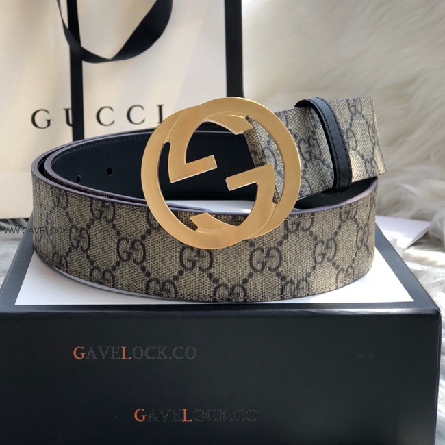 Gucci Black Leather Belt PVC Brown Monogram Brass Buckle
